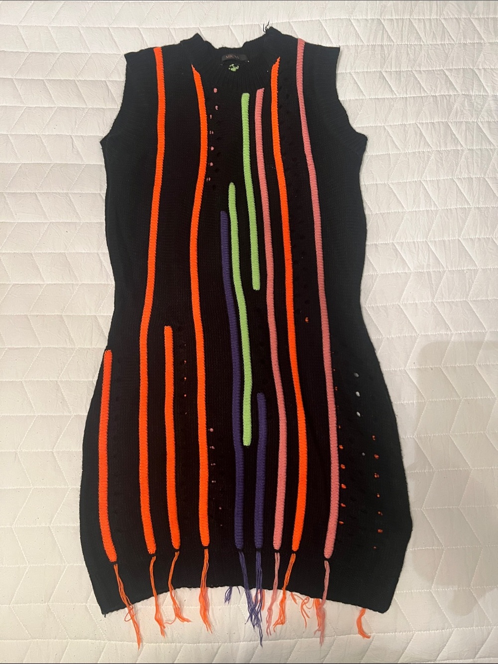 Black Sleeveless Knit Mini Dress with Neon Stripe Detail